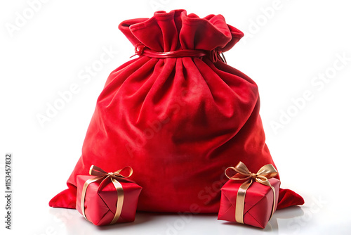 large red velvet sack for Christmas gifts on a white background photo