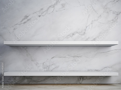 Concept of empty product display with marble shelves against a cement wall for presentations