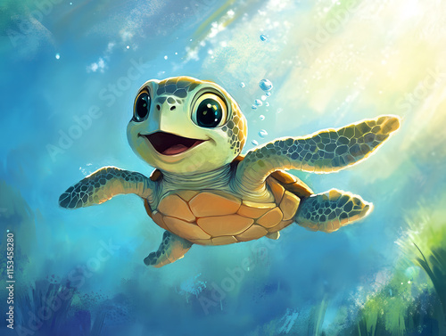 Smiling baby turtle swim under water illustration