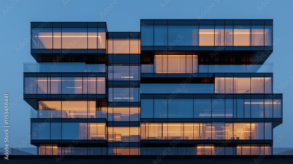 Fototapeta premium Sleek Modern Office Building with Glass Facade and LED Lights at Dusk in Urban Setting