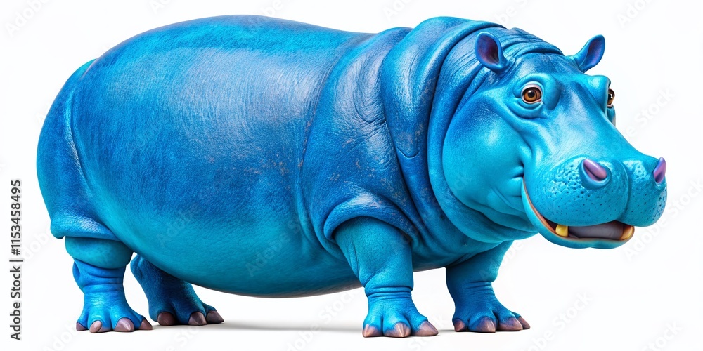 Fototapeta premium Funny Blue Hippo Cartoon Aerial View, Cute Hippopotamus Clipart, Whimsical Animal Illustration, Happy Hippo, White Background