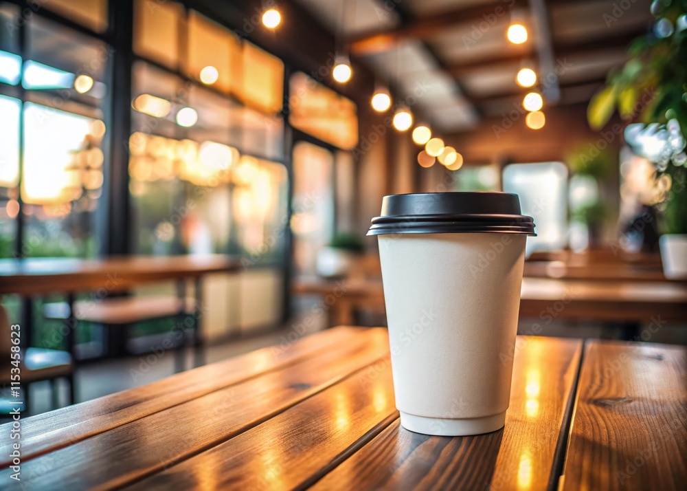 White Paper Cup with Black Lid on Cafe Table - Stock Photo White Paper Cup with Black Lid on Cafe Table - Stock Photo