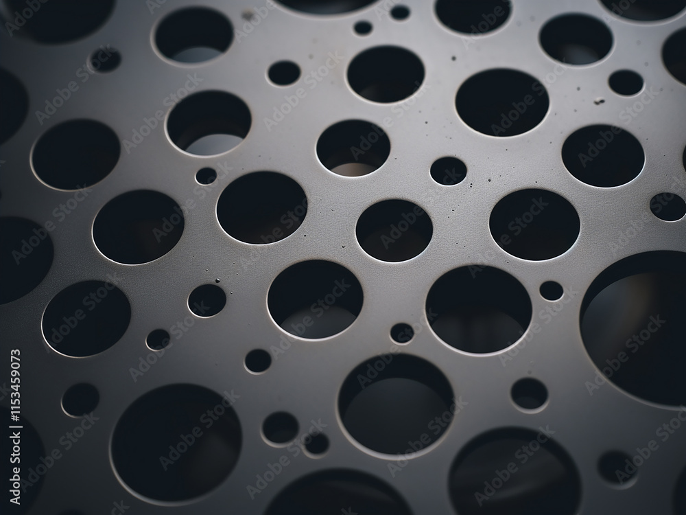 Monochrome gray background with numerous holes in a metal plate surface texture Monochrome gray background with numerous holes in a metal plate surface texture