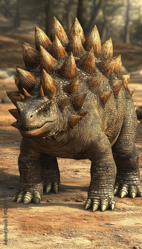 Fototapeta premium A realistic depiction of a spiked dinosaur-like creature in a natural setting.