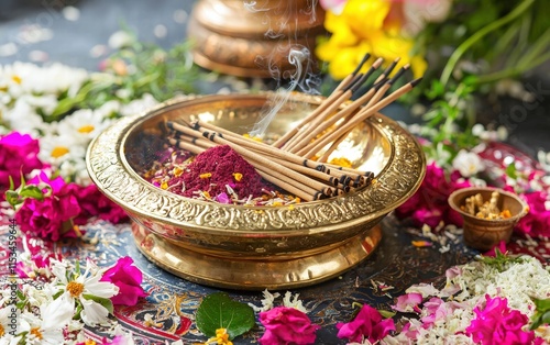 A brass puja thali filled with incense sticks, kumkum powder, and flowers, used in rituals photo