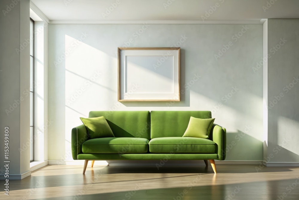 Fototapeta premium Sleek Green Scandinavian Sofa Silhouette Minimalist Interior Design Photography