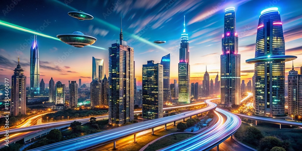 Obraz premium Futuristic Eco City: Sustainable Energy Skyscrapers at Night - Long Exposure Photography