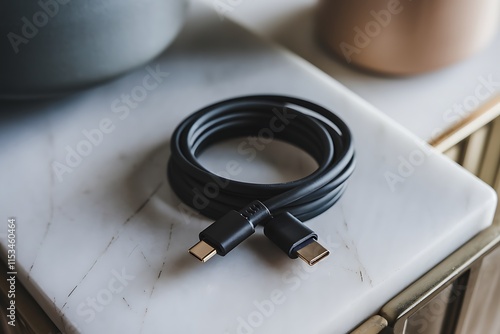 A coiled black USBC cable rests on a marble surface. The cable features USBC connectors on both ends, suggesting highspeed data transfer capabilities and a modern, premium design. photo