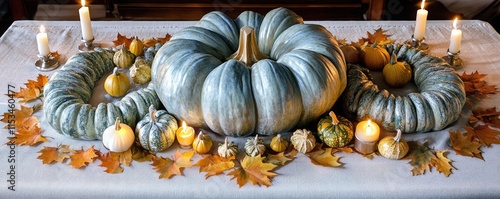 A decorative autumn table setting with pumpkins, gourds, candles, and fall leaves.