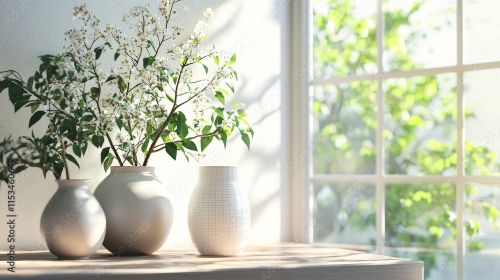 Sunlit window with vases of fresh white flowers Sunlit window with vases of fresh white flowers