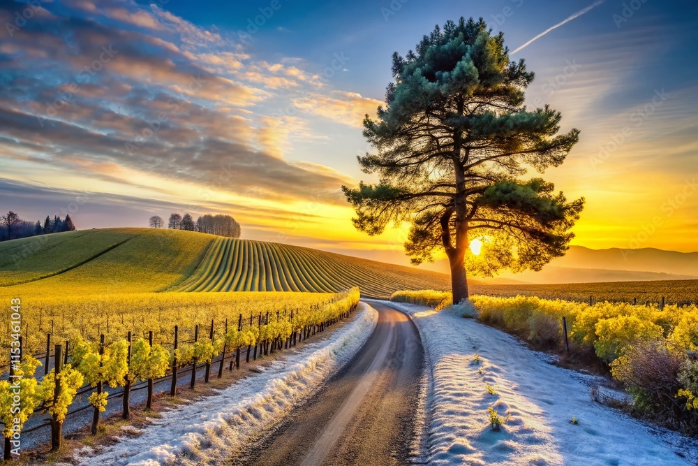 Fototapeta premium Winter Sunset Vineyard Road: Lone Pine, Rapeseed, Macro Detail
