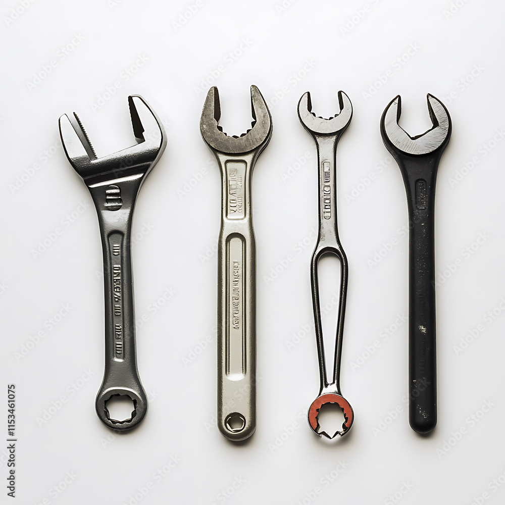 Set of Precision Hand Tools with Screwdriver, Wrench, and Pliers Organized on White Surface Set of Precision Hand Tools with Screwdriver, Wrench, and Pliers Organized on White Surface