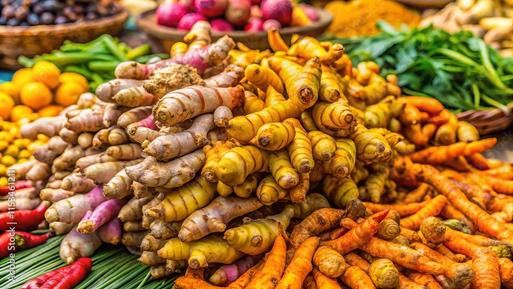 Fototapeta premium Southeast Asian Market Spices: Vibrant Ginger, Turmeric, & Tropical Roots for Sale