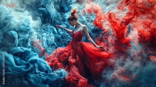 Elegant woman in a flowing red and blue dress