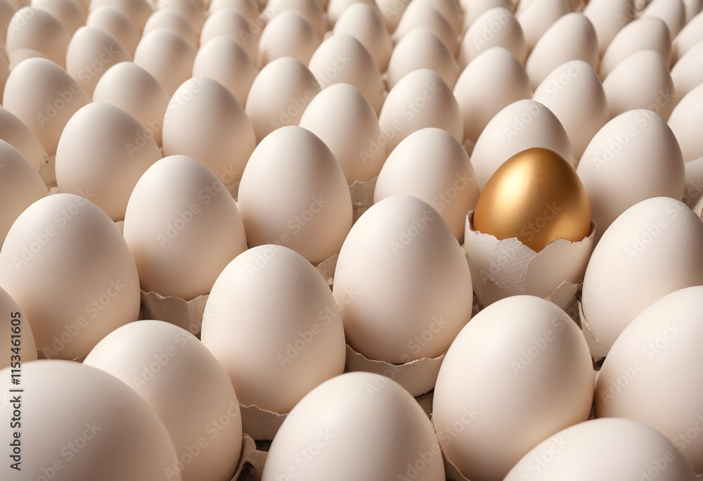 Rows of white eggs with one golden egg standing out among them Rows of white eggs with one golden egg standing out among them