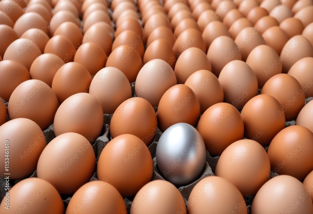 Rows of brown eggs with one silver egg standing out among them Rows of brown eggs with one silver egg standing out among them