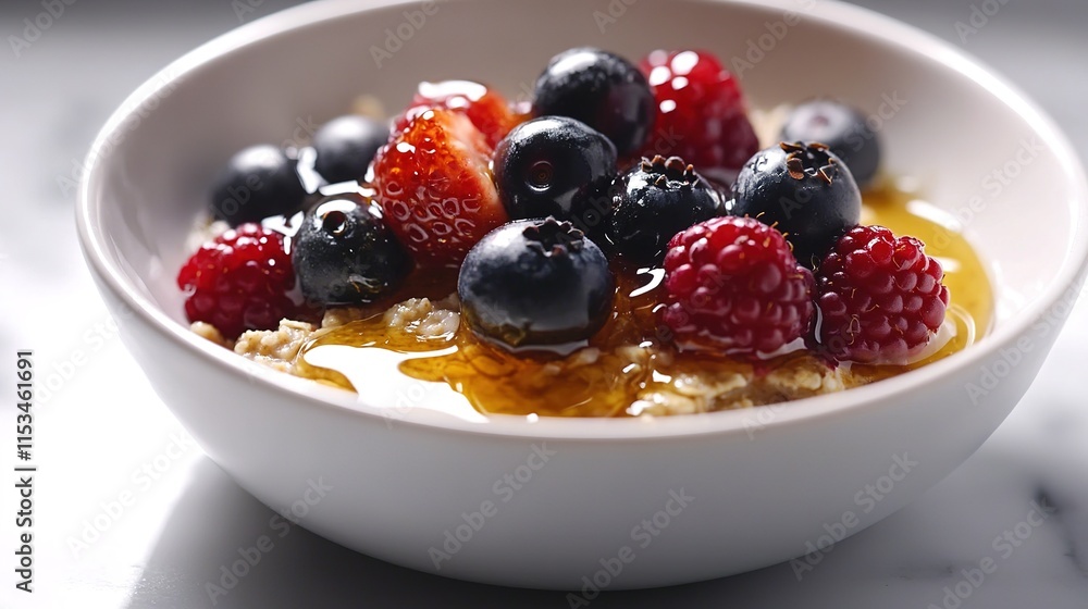 simple serving of oatmeal topped with fresh berries and honey drizzle resting in white bowl under diffused lighting simple serving of oatmeal topped with fresh berries and honey drizzle resting in white bowl under diffused lighting