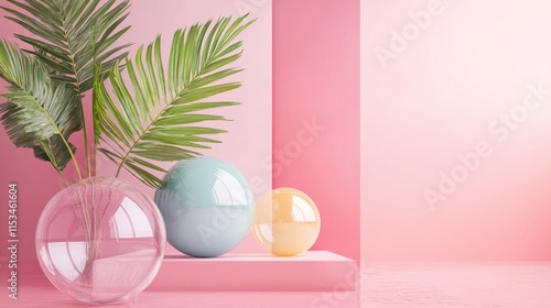 Minimalist pink decor with glass vases and palm leaves