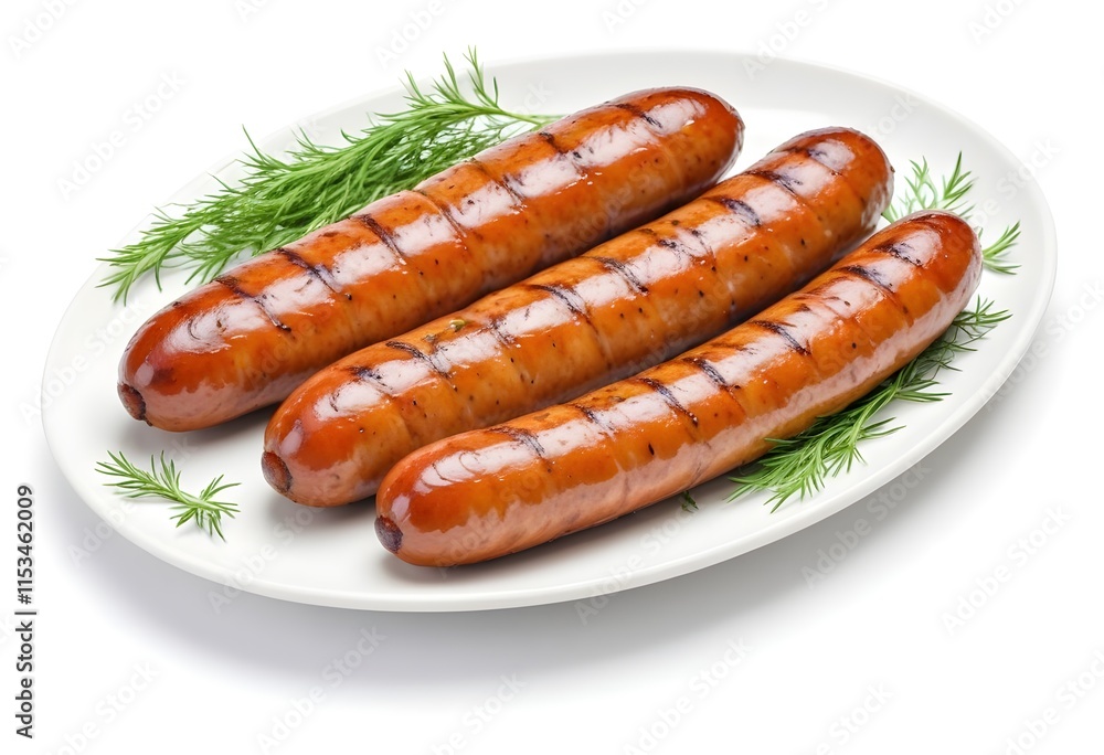Grilled sausages on a plate, garnished with fresh dill Grilled sausages on a plate, garnished with fresh dill