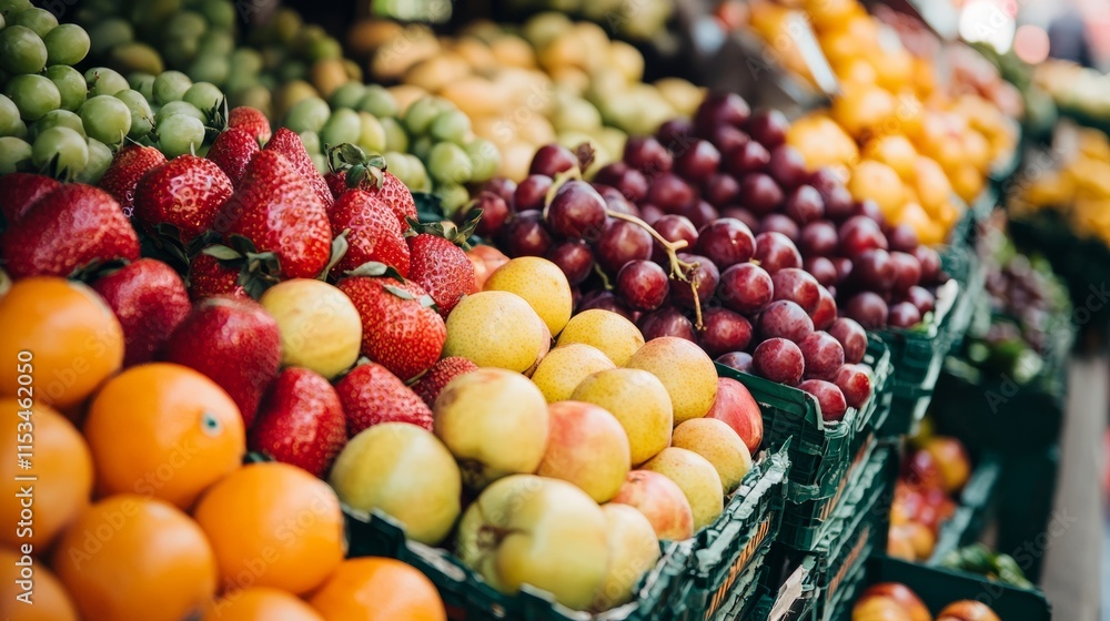 Fresh fruit display in a market stall Fresh fruit display in a market stall
