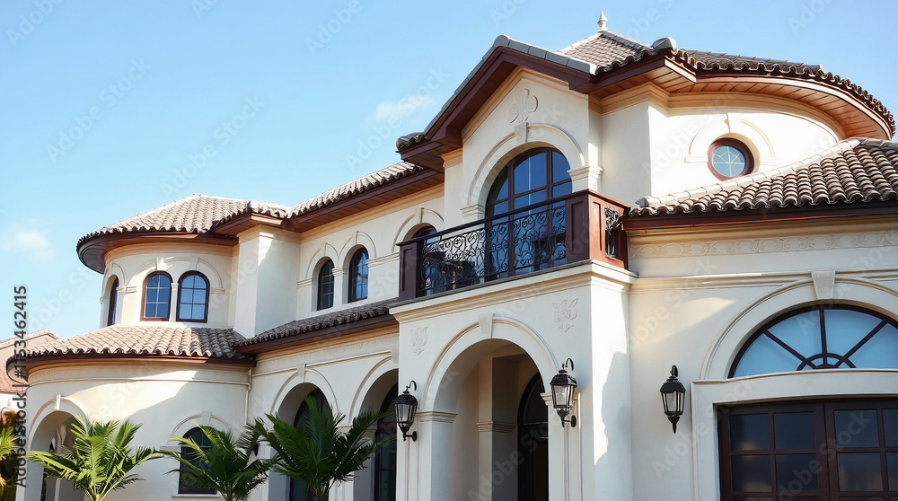 A large, two-story Mediterranean-style house with a stucco exterior, dark brown tile roof, arched windows and doorways, and a balcony. Landscaping is partially visible in the foreground. A large, two-story Mediterranean-style house with a stucco exterior, dark brown tile roof, arched windows and doorways, and a balcony. Landscaping is partially visible in the foreground.
