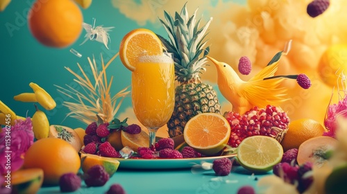 Tropical fruit medley with vibrant smoothie setup