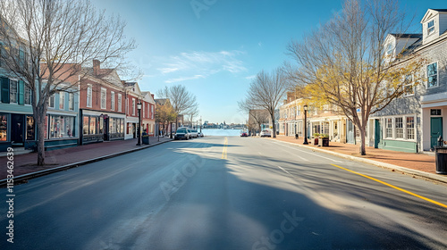 Historic downtown street in Annapolis Maryland with waterfront views and colonial-style buildings