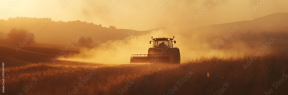 Fototapeta premium The idea of ​​using modern machinery in agriculture and simplifying farming methods in agriculture. A tractor drives through a field and dust rises in the golden light of dawn.