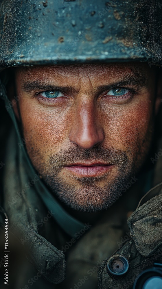 Person wearing a military helmet and uniform, looking intensely with blue eyes and rugged features Person wearing a military helmet and uniform, looking intensely with blue eyes and rugged features