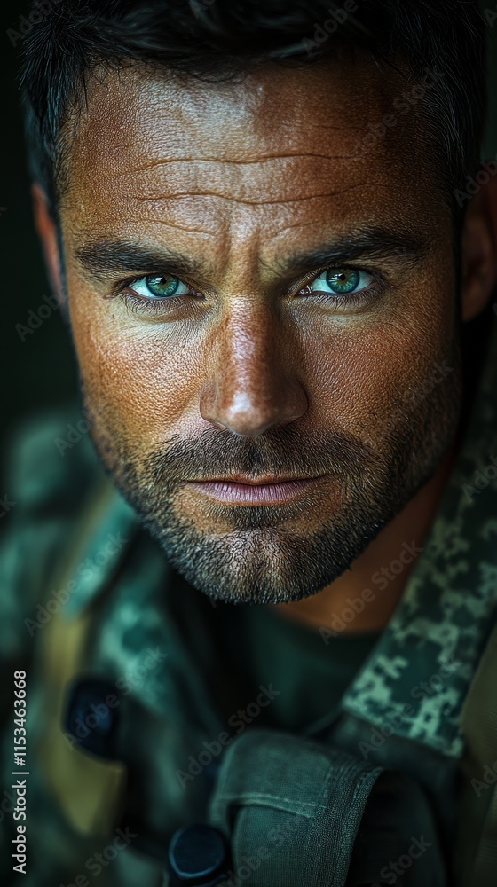 Fototapeta premium Man with a serious expression, wearing a military camouflage uniform, is looking directly at the camera with intensity