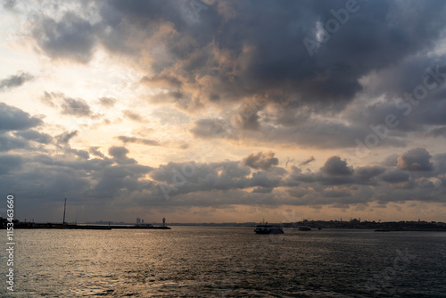 Istanbul Bosphorus Wide Angle, Dramatic Sky over Bosphorus, Expansive View of Istanbul Strait