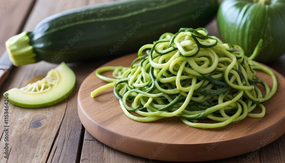 Green zucchini noodles on a wooden board, with a zucchini in the background Green zucchini noodles on a wooden board, with a zucchini in the background