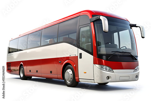 sleek red and white tour bus in profile on white