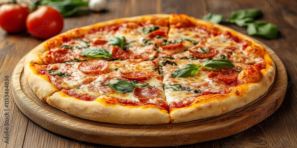 Delicious fresh homemade pizza presented on a wooden tray, set against a rustic wooden background, showcasing the inviting charm of fresh homemade pizza in every detail.