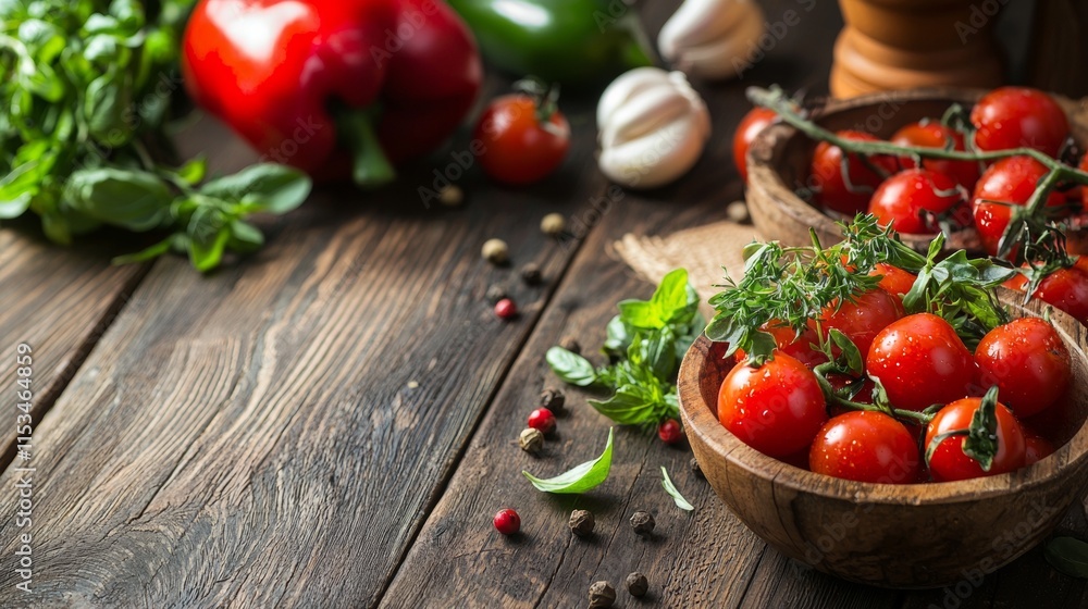 Fresh tomatoes and herbs on rustic wooden table Fresh tomatoes and herbs on rustic wooden table
