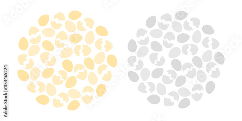 Cracked eggshell and Eggs Circle Background in trendy monochrome gold and grayscale. Eggs background