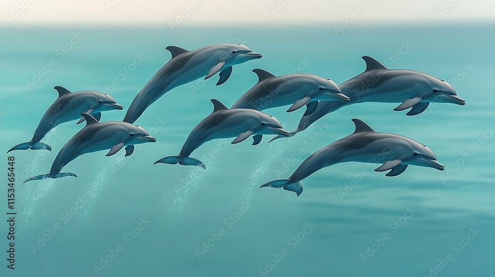 Fototapeta premium group of dolphins jumping in unison above turquoise sea their sleek bodies creating arcs above water