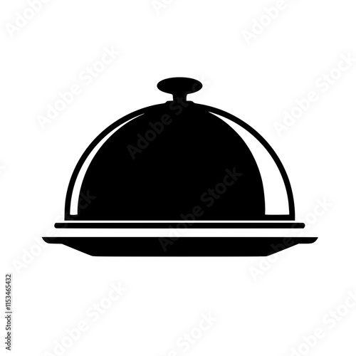 silhouette vector Silver serving cloche raised above empty golden plate, cut out	