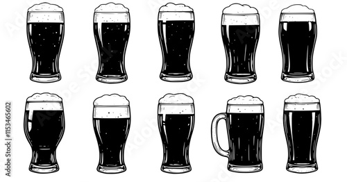 set of Glass of beer . Hand drawn black color vintage vector illustration.