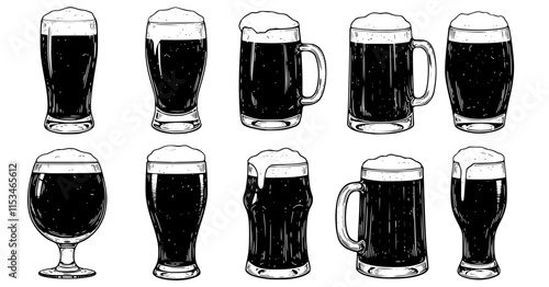 set of Glass of beer . Hand drawn black color vintage vector illustration.