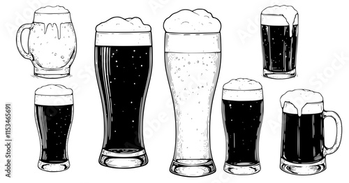 set of Glass of beer . Hand drawn black color vintage vector illustration.