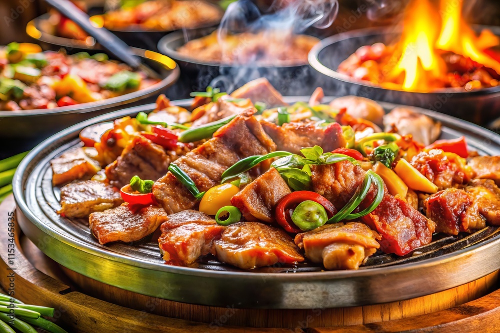Thai BBQ Buffet: Worm's Eye View of Grilled Pork on Brass Pan Thai BBQ Buffet: Worm's Eye View of Grilled Pork on Brass Pan