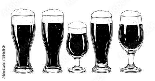 set of Glass of beer . Hand drawn black color vintage vector illustration.