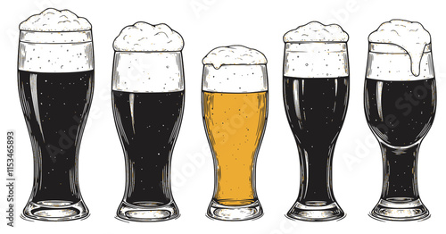 set of Glass of beer . Hand drawn black color vintage vector illustration.