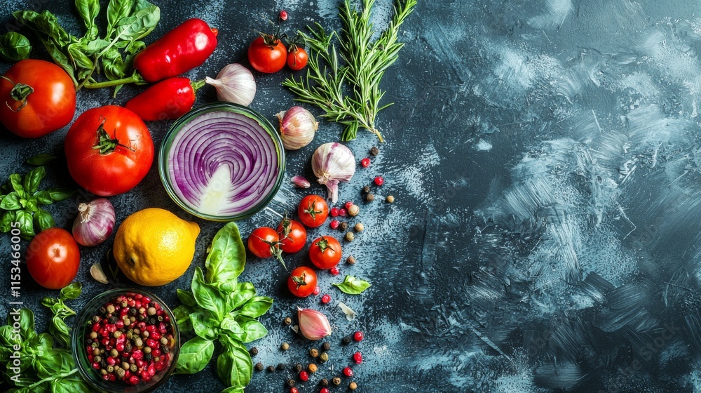 Fresh vegetables assortment on a textured blue surface Fresh vegetables assortment on a textured blue surface