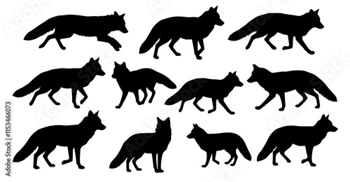set of fox silhouette on white background isolated vector.