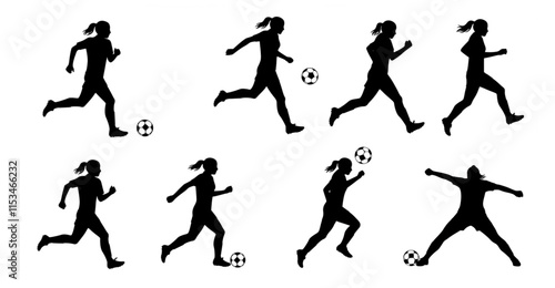 set of Football, female soccer player, sports avatar Vector silhouette on white background.