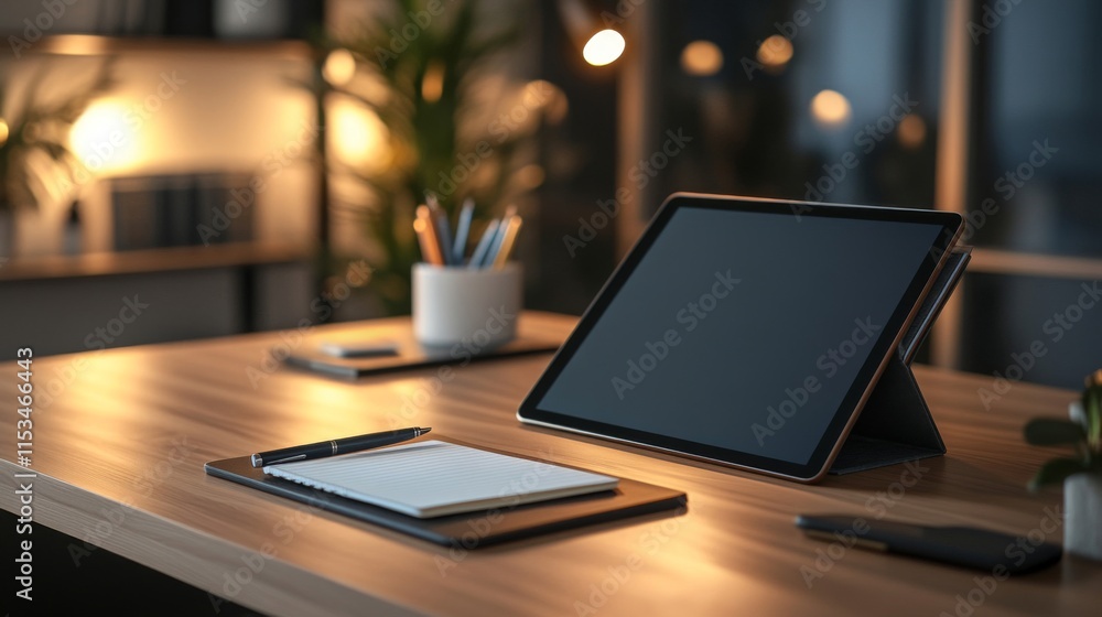 Fototapeta premium Tablet Pen Notepad On Wooden Desk In Office Setting