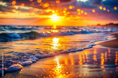 Golden Hour Beach Sunset: Coastal Waves with Bokeh Effect