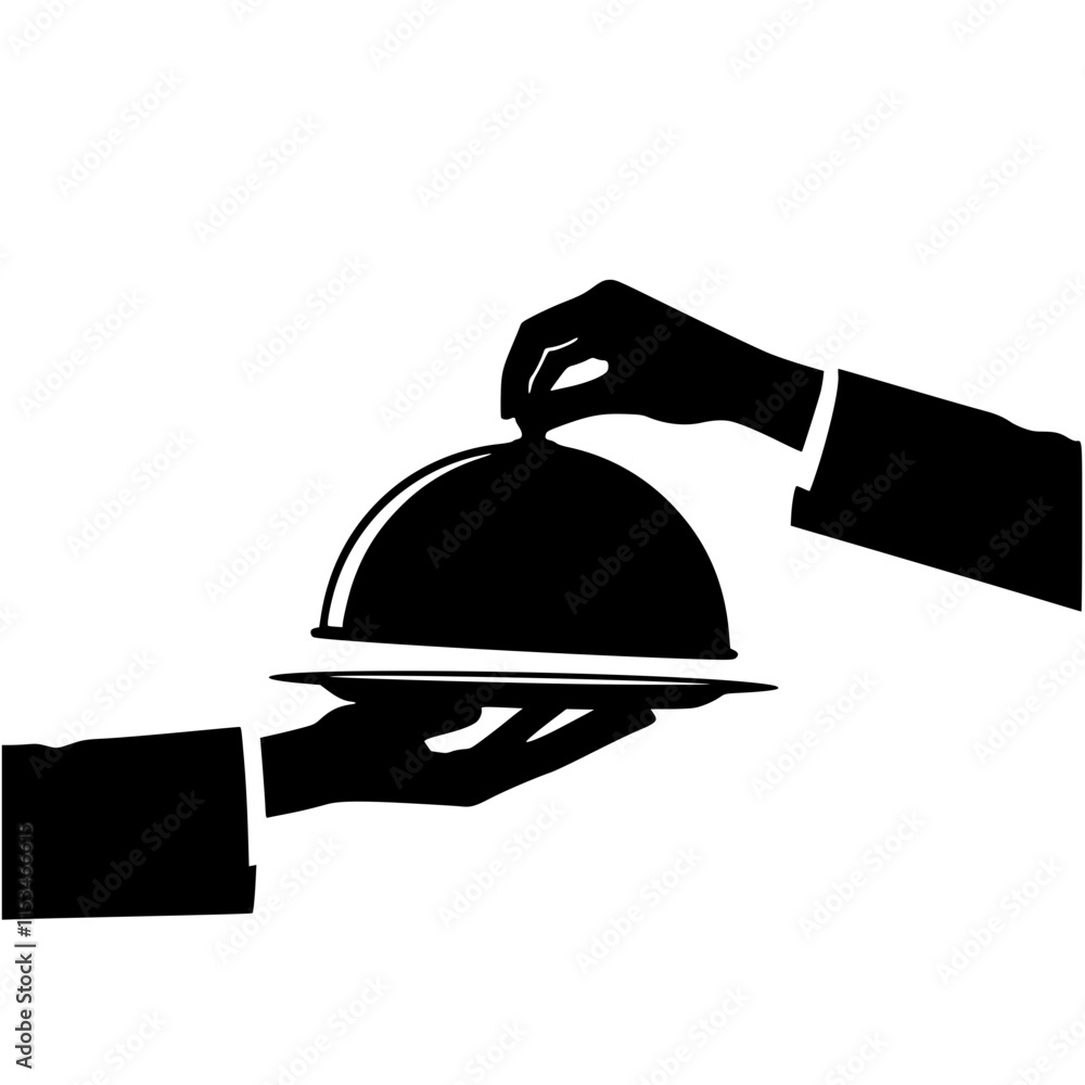 Fototapeta premium silhouette vector Hand holding Silver serving cloche raised above empty golden plate, cut out 